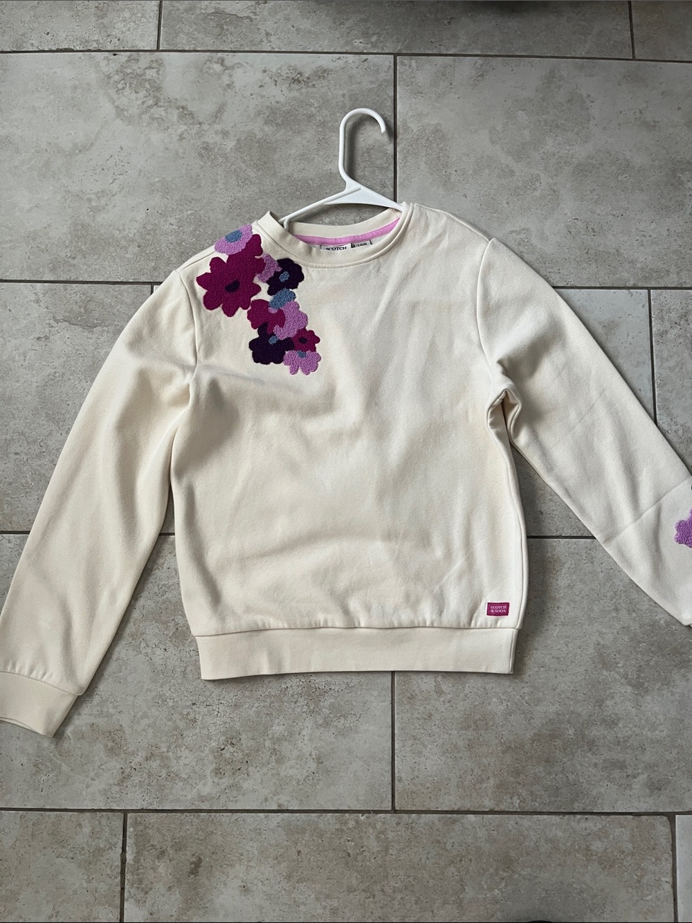 Scotch & Soda Cream Crewneck Sweater with Pink & Purple Floral Appliqué